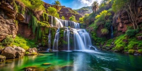 Fototapeta premium Gran Canaria Los Cernicalos Ravine: Waterfall Bokeh, Lush Nature Stock Photo