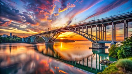 Naklejka premium Grand Island Bridge, Niagara River, New York State, Scenic Landscape, Sunrise Photography