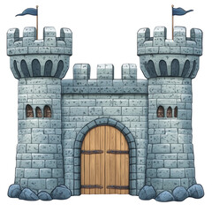 Colorful medieval castle illustration with towers and wooden door