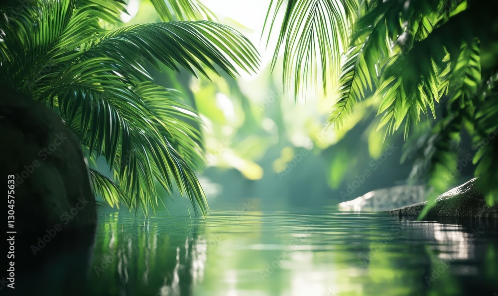Poster lush tropical landscape with green palm leaves in the foreground, sunlight streaming through, creati