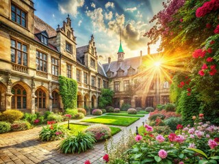 Obraz premium Grand University Courtyard: Historic Architecture, Elegant Double Exposure Stock Photo