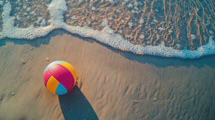 Obraz premium A colorful volleyball resting on sandy beach court