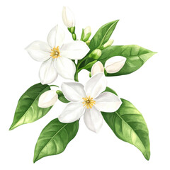 White blossoms with green leaves on a branch in detailed illustration