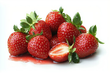 Pile of Fresh Red Strawberries with Green Leaves on White Background Featuring a Cut Strawberry and Juicy Texture in Bright Studio Lighting for Commercial Use