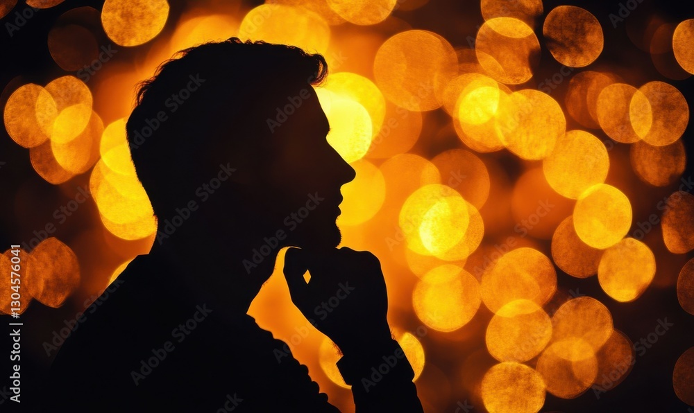 Aufkleber silhouette of a man in deep thought surrounded by glowing golden bokeh, illuminated by warm tones fo