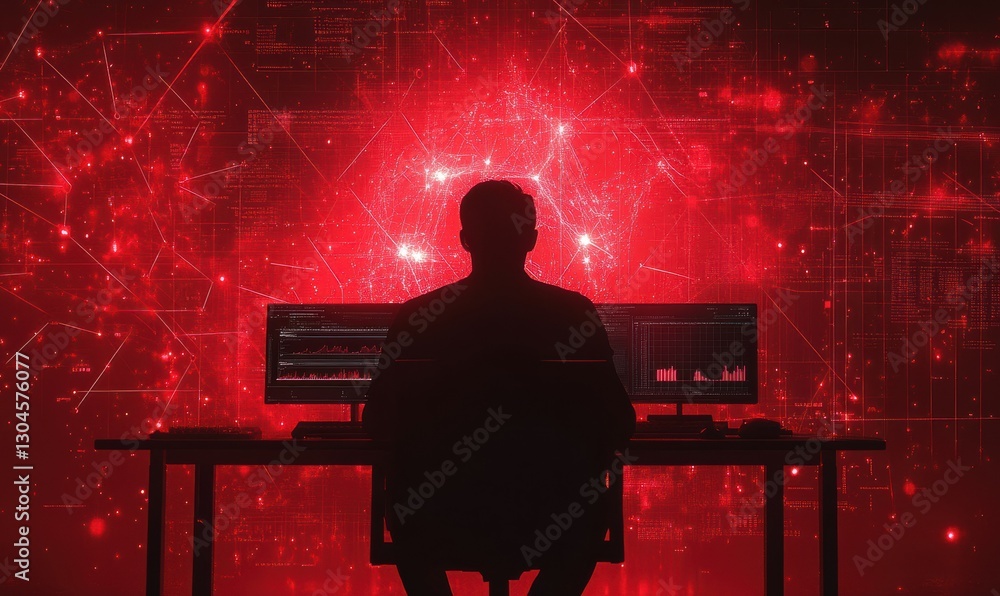 Poster silhouetted man seated at a desk surrounded by glowing red light and abstract graphs, symbolizing de