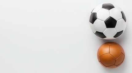 Two soccer balls, one black and white and the other brown, are placed on a light background, showcasing different styles of the sport.