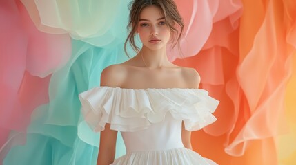 A chic white off-shoulder dress, adorned with ruffled details, drapes gracefully against a pastel canvas, exuding effortless elegance for summer days and casual outings.