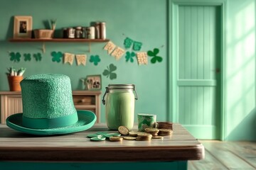 A St Patricks Day themed flat lay features an assortment of green and orange decorations, including shamrocks, leprechaun hats, gold coins, and a horseshoe, all set against a green backdrop