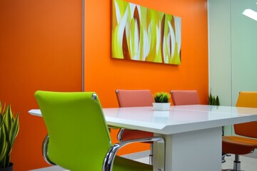 Modern meeting room with orange walls and white table and green chairs.