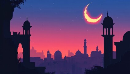 Fototapeta premium Silhouette of a city at sunset with crescent moon.