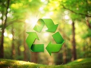 Green Recycling Symbol in Sunlight, Bokeh Forest Background - Eco-Friendly Stock Photo