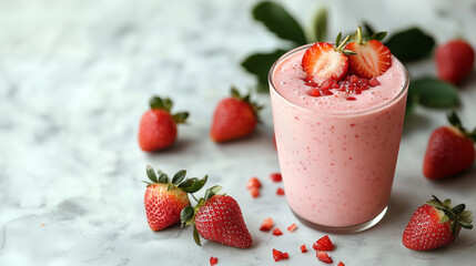 Refreshing Strawberry Smoothie In Tall Glass Garnished With Fresh Berries Placed On White Textured Surface