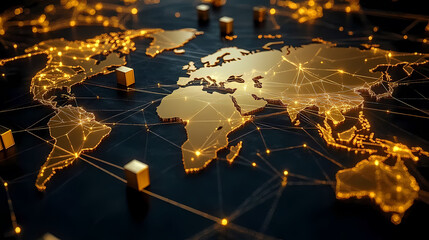Golden World Map with Cubes and Light Beams
