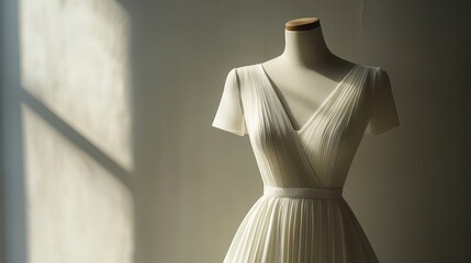 A pristine white dress, its form elegantly captured on a mannequin, against a minimalist backdrop, highlighting the dress is smooth fabric and graceful silhouette.