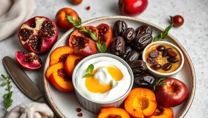 Delicious fruit and yogurt platter kitchen food photography cozy atmosphere top view healthy eating