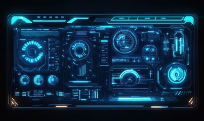 Sleek digital interface glowing in neon blue tones, with futuristic elements symbolizing technological innovation and modern design