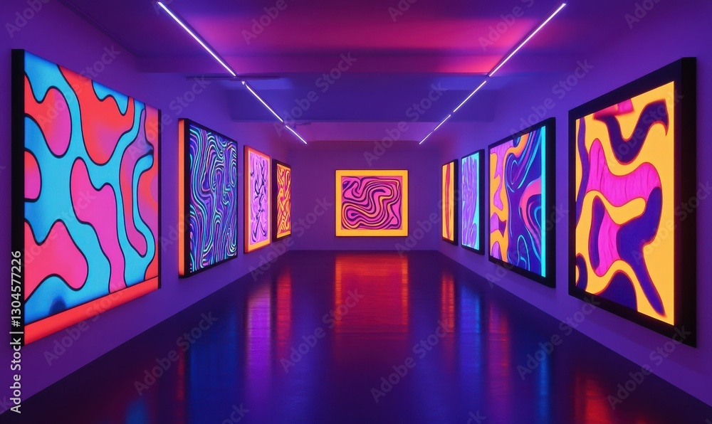 Poster modern art installation featuring dynamic abstract patterns in neon colors, displayed in a minimalis