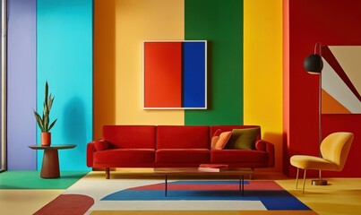 Modern art-inspired living room with bold color-blocked walls, mid-century furniture, and abstract decor piece