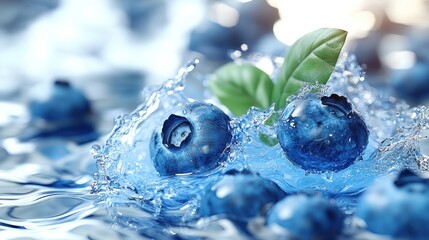Fresh blueberries splashing in water, surrounded by more blueberries and basil leaves