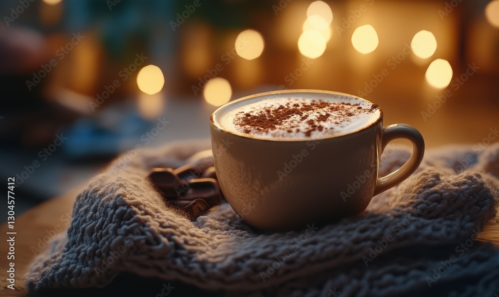 Poster Luxurious cup of creamy cappuccino topped with frothy milk and cocoa powder illuminated by warm soft light creating an indulgent visual .