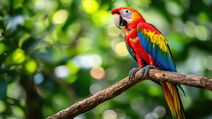 Obraz premium A colorful parrot perched on a branch deep in the rainforest