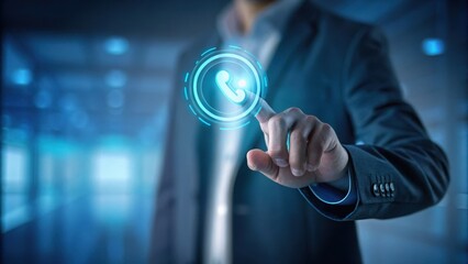 business communication holographic concept A businessman interacting with a futuristic digital interface in a modern setting.