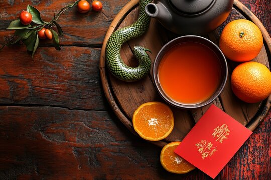 Chinese New Year decorations set against a red background, consisting of a red fan, green snake, lanterns, gold flowers, oranges, and teapot, are symbolic of prosperity and good fortune in a vibrant - Powered by Adobe