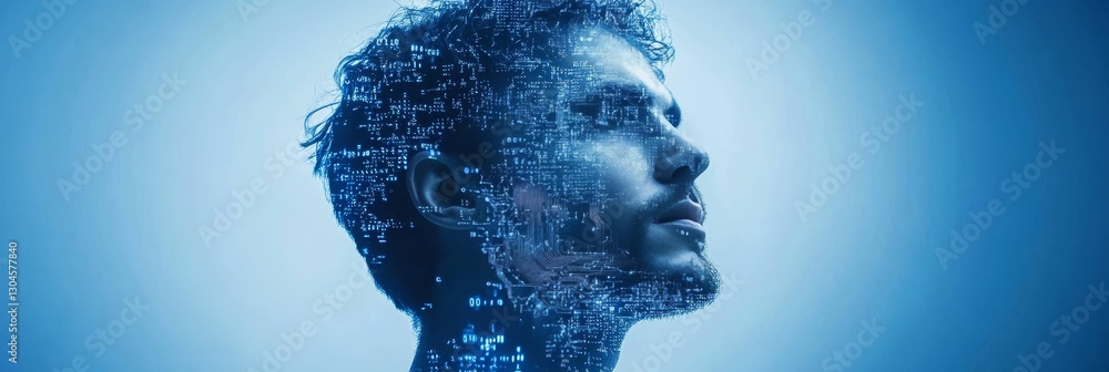 Poster stylized human head with glowing circuit board details and numeric data on a cerulean background.