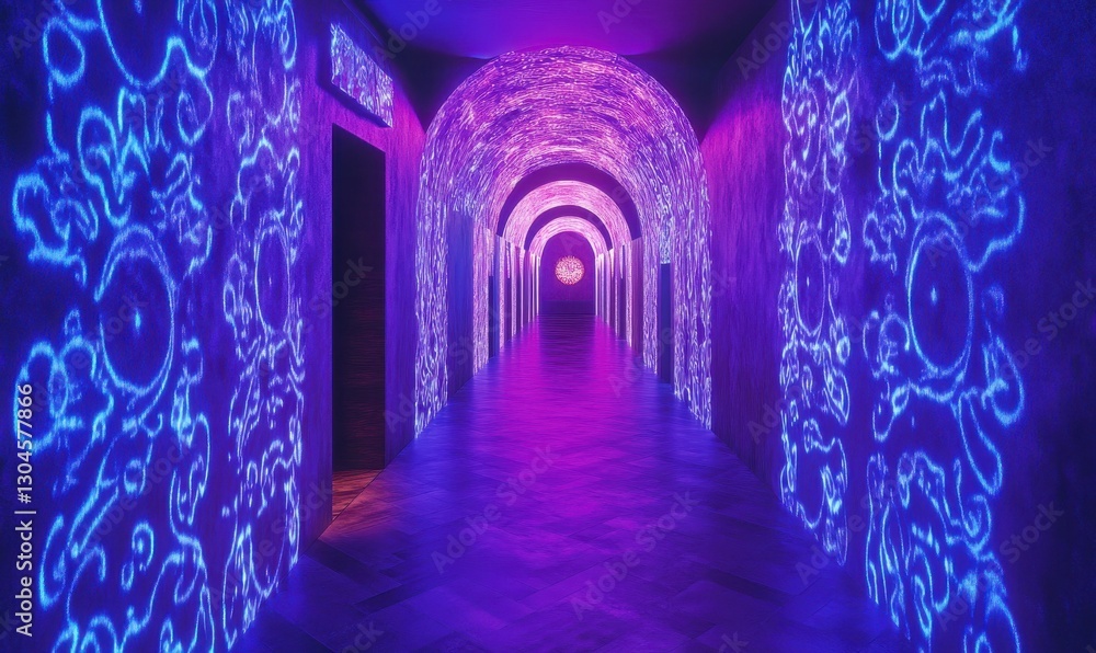 Poster mysterious glowing neon corridor with intricate purple and blue patterns, creating a futuristic and 