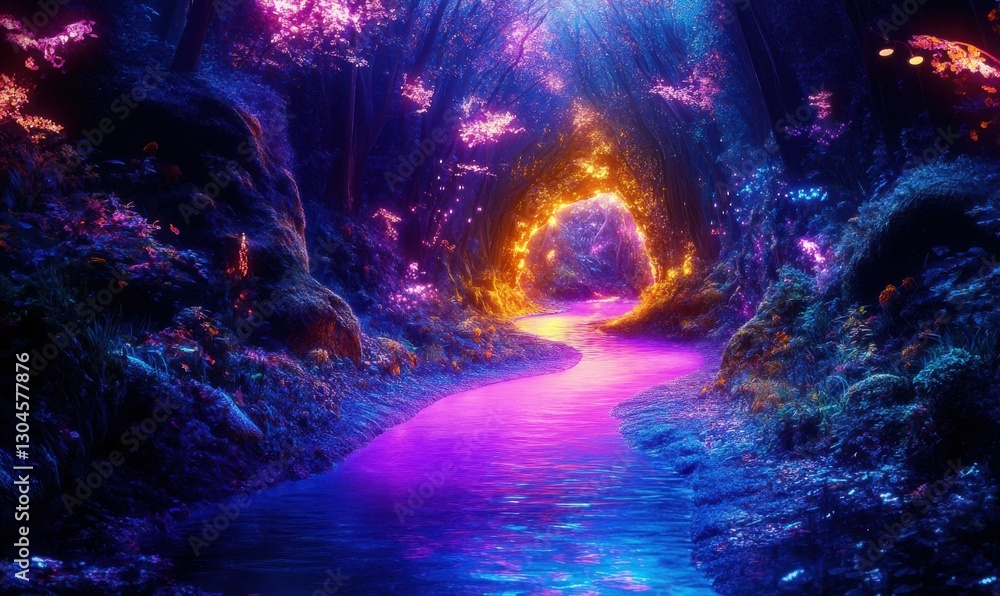Poster mysterious glowing pathway in a vibrant neon corridor, creating a futuristic and dynamic environment