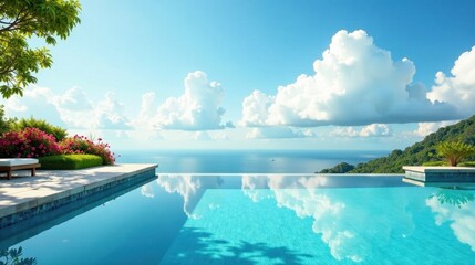 Obraz premium Serene Infinity Pool Overlooking a Tranquil Ocean Vista with Lush Greenery and a Cloud-Filled Sky