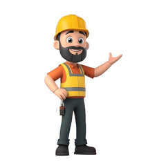 Cartoon Construction Worker Presenting with Safety Gear on Transparent or White Background