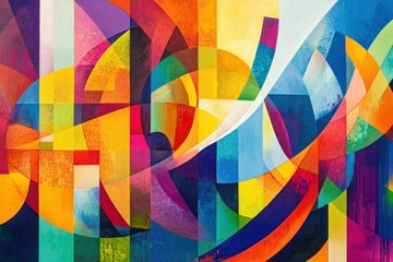 Obraz premium Vibrant abstract composition with colorful geometric shapes and waves, perfect for modern art enthusiasts seeking bright, eye catching designs