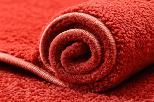 Isolated Red Carpet With Rolled-Up End Showcasing Vibrant Tones and Minimalist Design in a Simple Composition