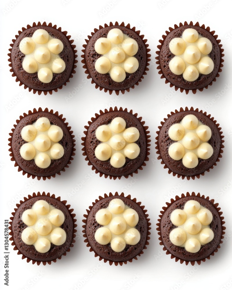 Poster delightful array of chocolate cupcakes adorned with creamy vanilla frosting arranged on a clean whit