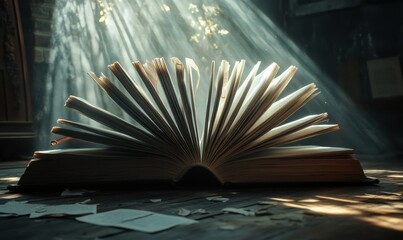 Open book on a wooden table with light shining through the pages, creating dramatic rays and a sense of mystery and discovery