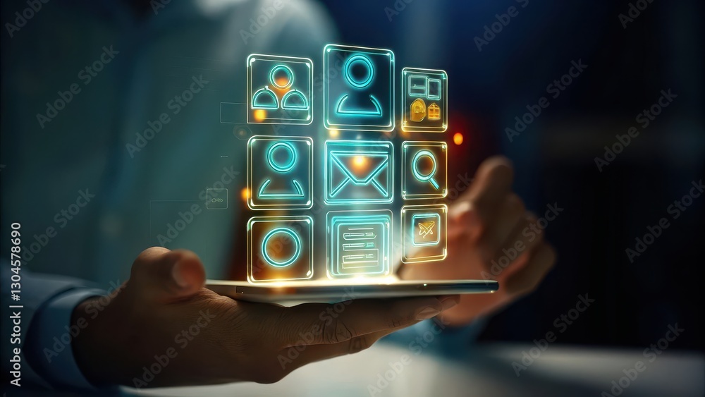 Poster business communication holographic concept digital interface with illuminated icons displayed above 