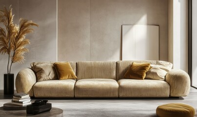 Sleek modern sofa in a minimalist living space, illuminated by natural light creating a clean and functional aesthetic