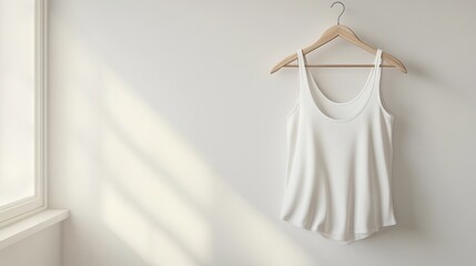 A sleek white tank top, draped gracefully on a slender wooden hanger, stands against a pristine backdrop in this mockup. The minimalist design is highlighted by its clean lines and understated