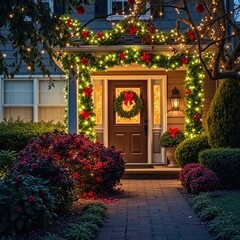 A front yard decorated with festive holly and red berries under Christmas lights, frontyard, lights, holly