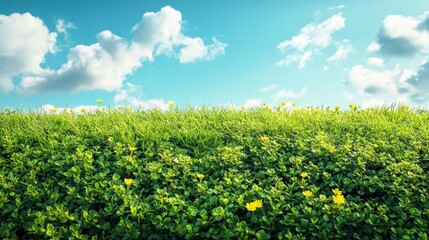 Lush green grass and blooming flowers under a bright sky