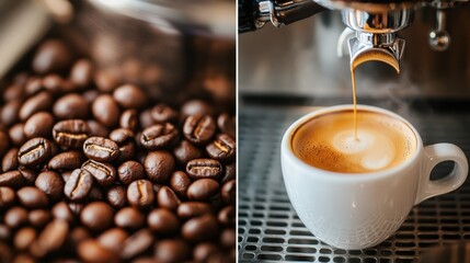 Freshly roasted coffee beans and a cup of espresso prepared at a bustling cafe in the morning hours for a perfect start to the day. Generative AI