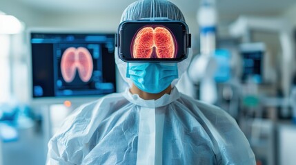 A medical professional in protective gear uses VR technology to examine 3D images of lungs, showcasing advancements in healthcare and technology.