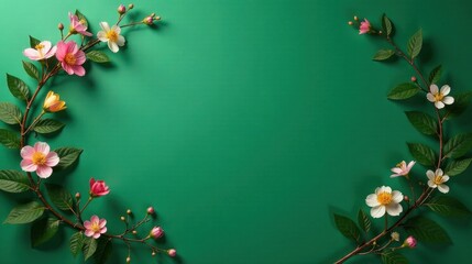 Elegant Floral Frame on Emerald Green Background Perfect for Springtime Announcements or Invitations