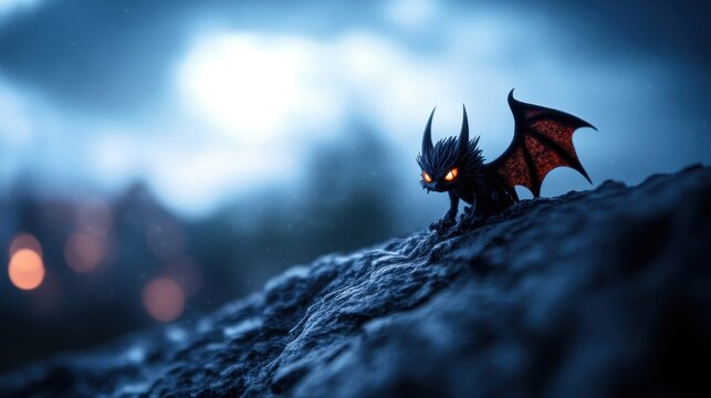 Mystical Creature with Glowing Eyes and Ethereal Wings overlooking Moonlit Landscape | Mythical Beings in the Night