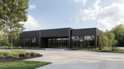 Obraz premium Modern Industrial Building in Open Area Surrounded by Lush Greenery and Clear Blue Sky