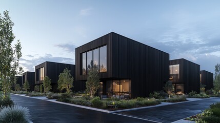 Fototapeta premium Modern Industrial Building Design Surrounded by Lush Greenery and Clear Sky at Dusk
