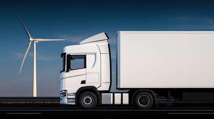 Modern Sustainable Truck Driving Along a Rural Road with Wind Turbines in Background