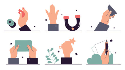 Colorful Hand Gesture Icons Set – Thumbs Up, Fist, Writing, Holding Lightbulb, Smartphone, and Success Symbols in Modern Cartoon Illustration
